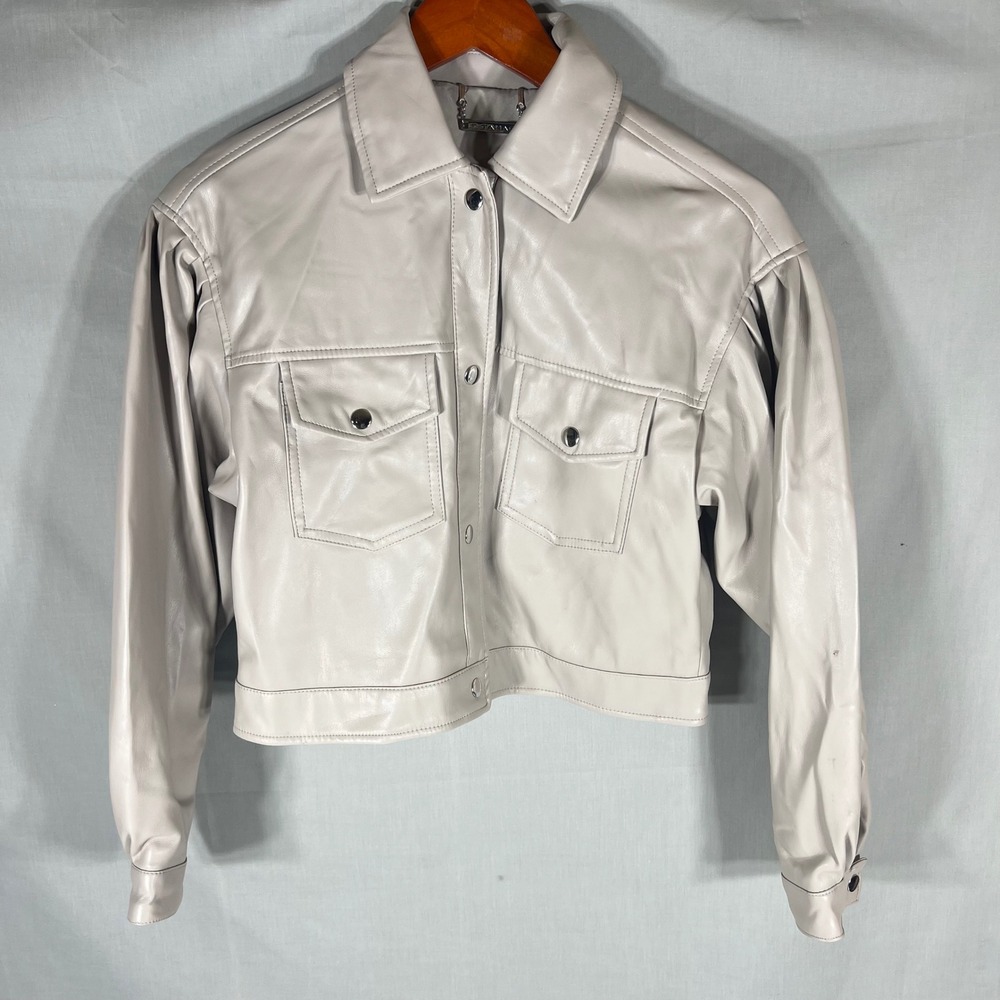 T Tahari Faux Leather Jacket Cropped Utility Beige Womens Size M
